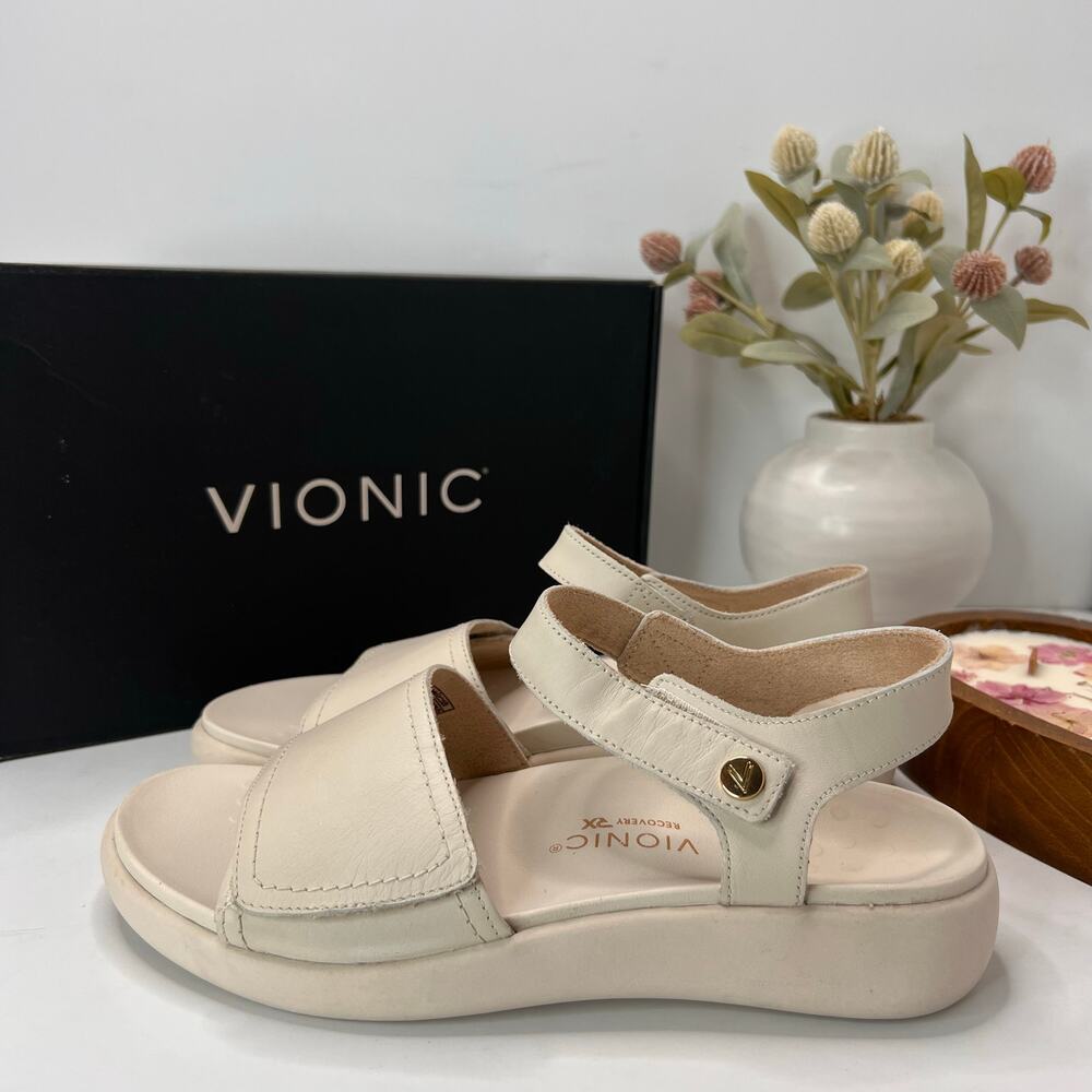 Vionic Awaken Rx Ankle Strap Sandals Leather Recovery Shoes Cream Women 9.5 Wide